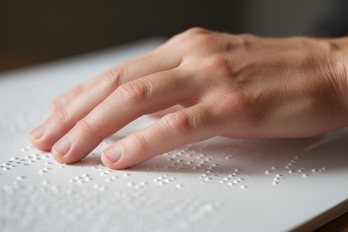 Se extiende la mano hacia una página en braille. Imagen generada por IA (rawpixel).